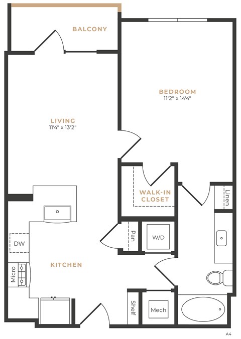 Floor plan for 1 bed, 1 bath, 725 sqft